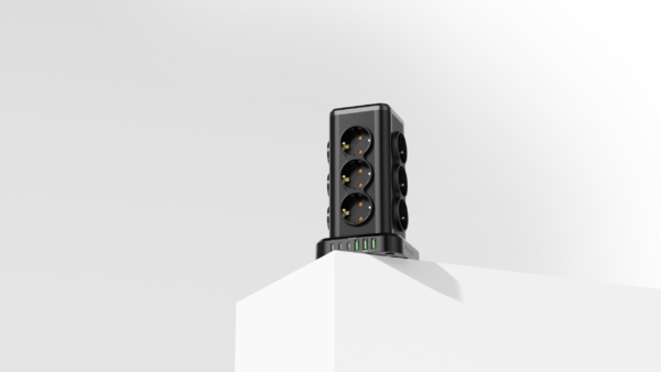 Wieża zasilająca Perys 12x Gniazdo + 3x USB 3.8A + 3x USB-C | Przedłużacz pionowy 2m z zabezpieczeniem przeciwprzepięciowym
