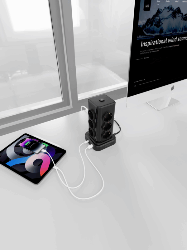 Wieża zasilająca Perys 12x Gniazdo + 3x USB 3.8A + 3x USB-C | Przedłużacz pionowy 2m z zabezpieczeniem przeciwprzepięciowym