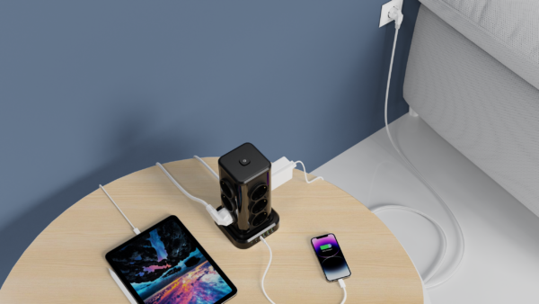 Wieża zasilająca Perys 12x Gniazdo + 3x USB 3.8A + 3x USB-C | Przedłużacz pionowy 2m z zabezpieczeniem przeciwprzepięciowym