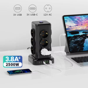 Wieża zasilająca Perys 12x Gniazdo + 3x USB 3.8A + 3x USB-C | Przedłużacz pionowy 2m z zabezpieczeniem przeciwprzepięciowym