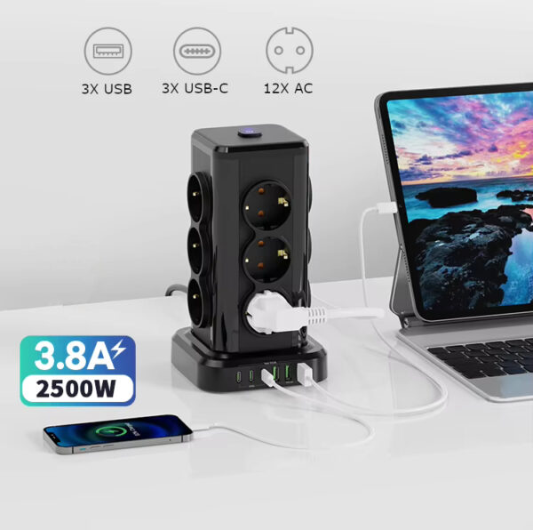 Wieża zasilająca Perys 12x Gniazdo + 3x USB 3.8A + 3x USB-C | Przedłużacz pionowy 2m z zabezpieczeniem przeciwprzepięciowym
