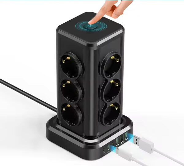 Wieża zasilająca Perys 12x Gniazdo + 3x USB 3.8A + 3x USB-C | Przedłużacz pionowy 2m z zabezpieczeniem przeciwprzepięciowym