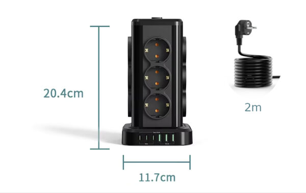 Wieża zasilająca Perys 12x Gniazdo + 3x USB 3.8A + 3x USB-C | Przedłużacz pionowy 2m z zabezpieczeniem przeciwprzepięciowym