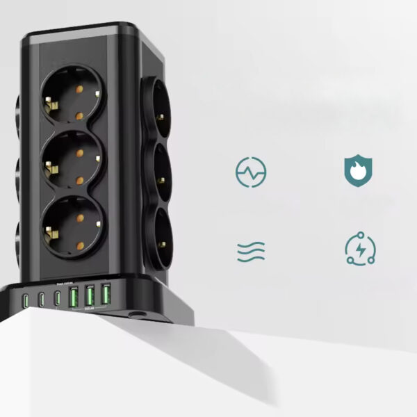 Wieża zasilająca Perys 12x Gniazdo + 3x USB 3.8A + 3x USB-C | Przedłużacz pionowy 2m z zabezpieczeniem przeciwprzepięciowym