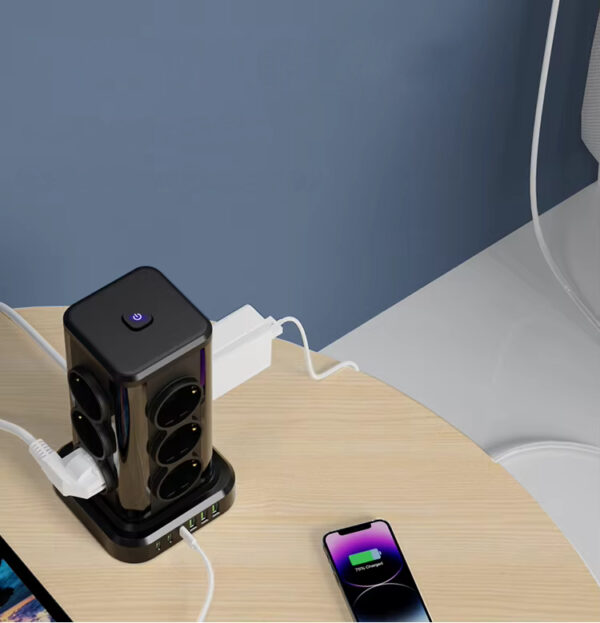 Wieża zasilająca Perys 12x Gniazdo + 3x USB 3.8A + 3x USB-C | Przedłużacz pionowy 2m z zabezpieczeniem przeciwprzepięciowym