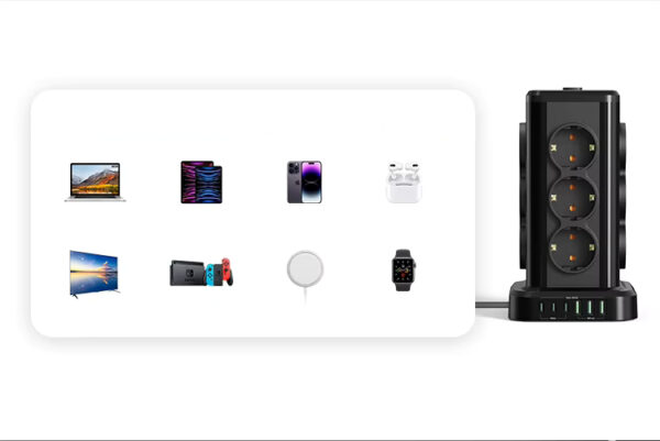 Wieża zasilająca Perys 12x Gniazdo + 3x USB 3.8A + 3x USB-C | Przedłużacz pionowy 2m z zabezpieczeniem przeciwprzepięciowym