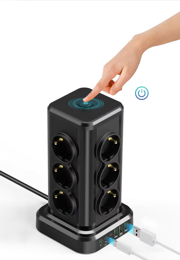 Wieża zasilająca Perys 12x Gniazdo + 3x USB 3.8A + 3x USB-C | Przedłużacz pionowy 2m z zabezpieczeniem przeciwprzepięciowym